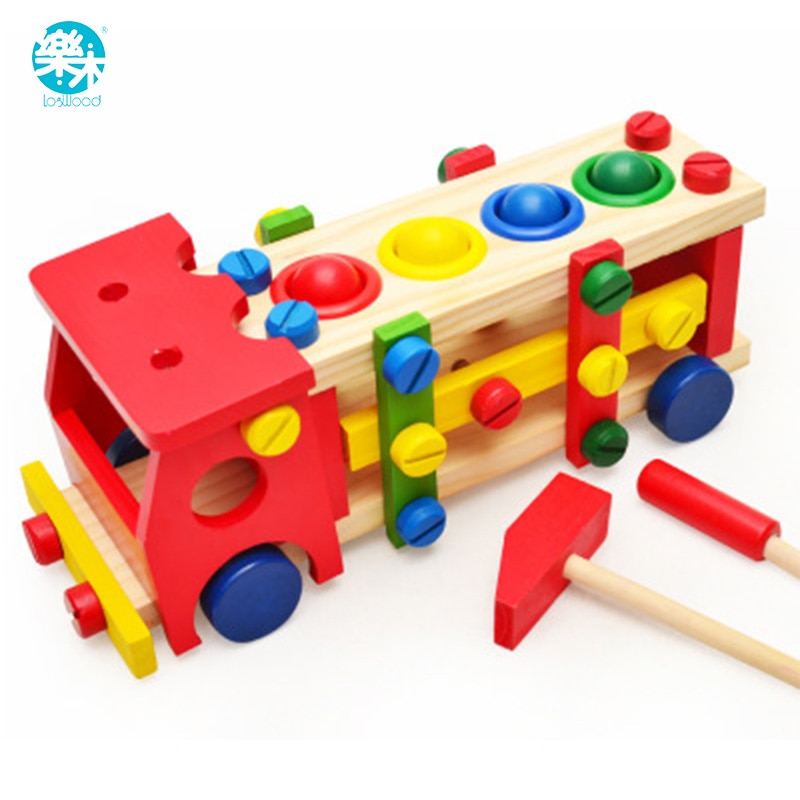 Baby wooden toy tools kids tool car Disassemble Table games Learning Educational Knock on the ball Screw assembly garden game